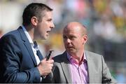 21 July 2012; TV3 panelists Peter Canavan and Darragh O Sé, left, in conversation during the game. GAA Football All-Ireland Senior Championship Qualifier, Round 3, Kerry v Tyrone, Fitzgerald Stadium, Killarney, Co. Kerry. Picture Credit: Diarmuid Greene / SPORTSFILE