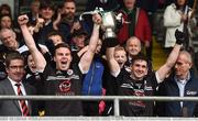 1 October 2017; Darragh O'Hanlon and Darryl Branagan of Kilcoo hold aloft the Frank O'Hare cup, after the Down County Senior Football Championship Final match between Burren and Kilcoo at Páirc Esler in Newry, Co. Down. Photo by Oliver McVeigh/Sportsfile