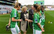24 September 2017; LGFA President Maire Hickey  and TG4 Ard Stiúrthoir Alan Esslemont meet the Fermanagh team prior to the TG4 Ladies Football All-Ireland Junior Championship Final match between Derry and Fermanagh at Croke Park in Dublin. Photo by Brendan Moran/Sportsfile