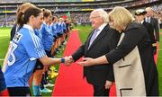 24 September 2017; President of Ireland Michael D. Higgins is introduced to Dublin captain Sinéad Aherne by President of LGFA Máire Hickey prior to the TG4 Ladies Football All-Ireland Senior Championship Final match between Dublin and Mayo at Croke Park in Dublin. Photo by Brendan Moran/Sportsfile