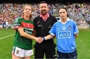 24 September 2017; Team captains Sarah Tierney of Mayo and Sinéad Aherne of Dublin shake hands in the company of referee Seamus Mulvihill prior to the TG4 Ladies Football All-Ireland Senior Championship Final match between Dublin and Mayo at Croke Park in Dublin. Photo by Brendan Moran/Sportsfile