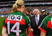 24 September 2017; President of Ireland Michael D. Higgins meets Cora Staunton of Mayo prior to the TG4 Ladies Football All-Ireland Senior Championship Final match between Dublin and Mayo at Croke Park in Dublin. Photo by Brendan Moran/Sportsfile