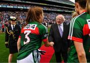 24 September 2017; President of Ireland Michael D. Higgins meets Mayo captain Sarah Tierney prior to the TG4 Ladies Football All-Ireland Senior Championship Final match between Dublin and Mayo at Croke Park in Dublin. Photo by Brendan Moran/Sportsfile