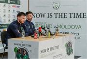 2 October 2017; Republic of Ireland's Scott Hogan, left, and Sean Maguire during a press conference at the FAI National Training Centre in Abbotstown, Dublin. Photo by Piaras Ó Mídheach/Sportsfile