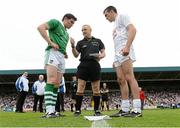 21 July 2012; Referee Barry Cassidy with Limerick captain Ger Collins, left, and Kildare captain John Doyle before the start of the game. GAA Football All-Ireland Senior Championship Qualifier, Round 3, Kildare v Limerick, O'Moore Park, Portlaoise, Co. Laois. Picture Credit: Matt Browne / SPORTSFILE