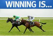 22 July 2012; Dibayani, with Johnny Murtagh up, leads eventual second Orgilgo Bay, with Shane Foley up, on their way to winning the Darley European Breeders Fund Maiden. Curragh Racecourse, the Curragh, Co. Kildare. Picture credit: Matt Browne / SPORTSFILE