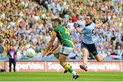 22 July 2012; Denis Bastick, Dublin, shoots to score his side's second goal despite the efforts of Micky Burke, Meath. Leinster GAA Football Senior Championship Final, Dublin v Meath, Croke Park, Dublin. Picture credit: Brian Lawless / SPORTSFILE