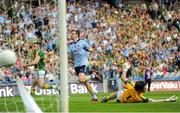 22 July 2012; Denis Bastick, Dublin, celebrates scoring his side's second goal as goalkeeper David Gallagher and Micky Burke, Meath, left, look on. Leinster GAA Football Senior Championship Final, Dublin v Meath, Croke Park, Dublin. Picture credit: Brian Lawless / SPORTSFILE