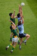 22 July 2012; Eamon Fennell, top, and Bryan Cullen, Dublin, in action against Brian Meade, top, and Micky Burke, Meath. Leinster GAA Football Senior Championship Final, Dublin v Meath, Croke Park, Dublin. Picture credit: Dáire Brennan / SPORTSFILE