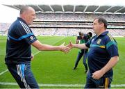 22 July 2012; Dublin manager Pat Gilroy, left, and Meath manager Seamus McEnaney, shake hands after the match. Leinster GAA Football Senior Championship Final, Dublin v Meath, Croke Park, Dublin. Picture credit: Brian Lawless / SPORTSFILE