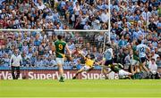 22 July 2012; Dublin's Michael Darragh MacAuley beats the Meath goalkeeper David Gallagher with his goal-bound shot only to see it hit an upright and bounce back into play. Leinster GAA Football Senior Championship Final, Dublin v Meath, Croke Park, Dublin. Picture credit: Ray McManus / SPORTSFILE
