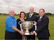 24 July 2012; At the launch of the 2012 GAA Football All-Ireland Series are, from left, John E. Burke, eircom, Caroline Costello, Ulster Bank, Richard Lennon, SuperValu, and Uachtarán Chumann Lúthchleas Gael Liam Ó Néill with the Sam Maguire Cup. Castlebar Mitchels GAA Club, Elvery's McHale Park, Castlebar, Co. Mayo. Picture credit: Ray McManus / SPORTSFILE