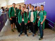 24 July 2012; Team Ireland boxing squad members, from left, Gerry Hussey, team psychologist, Billy Walsh, head coach, Paddy Barnes, Adam Nolan, Conor McCarthy, team physiotherapist, Darren O'Neill, Michael Conlan, Zaur Anita, assistant coach, Des Donnelly, team manager, and John Joe Nevin arrive in London ahead of the London 2012 Olympic Games. London 2012 Olympic Games, Team Ireland Boxing Arrival, London Heathrow Airport, Terminal 5, London. Picture credit: Stephen McCarthy / SPORTSFILE