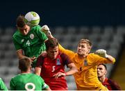 4 October 2017; Dara O’Shea of Republic of Ireland in action against Elchin Asadov and Murad Popov of Azerbaijan during the UEFA European U19 Championship Qualifier match between Republic of Ireland and Azerbaijan at Regional Sports Centre in Waterford. Photo by Seb Daly/Sportsfile
