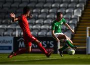 4 October 2017; Thomas Byrne of Republic of Ireland in action against Elchin Asadov of Azerbaijan during the UEFA European U19 Championship Qualifier match between Republic of Ireland and Azerbaijan at Regional Sports Centre in Waterford. Photo by Seb Daly/Sportsfile