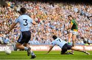 22 July 2012; Brian Farrell, Meath, has a shot on goal despite the efforts of Cian O'Sullivan, Dublin. Leinster GAA Football Senior Championship Final, Dublin v Meath, Croke Park, Dublin. Picture credit: Brian Lawless / SPORTSFILE