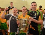 22 July 2012; Donegal's, from left to right, Barry Dunnion, Karl Lacey and Paul Durcan with the Anglo Celt Cup. Ulster GAA Football Senior Championship Final, Donegal v Down, St. Tiernach's Park, Clones, Co. Monaghan. Picture credit: Oliver McVeigh / SPORTSFILE