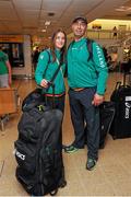 26 July 2012; Team Ireland boxing member Katie Taylor arrives at Heathrow airport with her father and coach Pete Taylor ahead of the London 2012 Olympic Games. London 2012 Olympic Games, London Heathrow Airport, Terminal 5, London, England. Picture credit: David Maher / SPORTSFILE