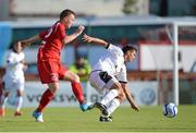 26 July 2012; Mario Bicak, Spartak Trnava, in action against David Cawley, Sligo Rovers. UEFA Europa League, 2nd Qualifying Round, 2nd Leg, Sligo Rovers v Spartak Trnava, The Showgrounds, Sligo. Picture credit: Oliver McVeigh / SPORTSFILE