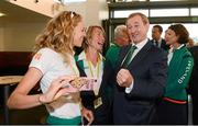 27 July 2012; An Taoiseach Enda Kenny, T.D., with Irish athletes Aileen Morrison, left, triathlon, and Olive Loughnane, race walking, at their training base in St. Mary's University College ahead of the London 2012 Olympic Games. Teddington, Middlesex, London, England. Picture credit: Brendan Moran / SPORTSFILE