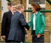 27 July 2012; An Taoiseach Enda Kenny, T.D., is greeted by Team Ireland Chef de Mission Sonia O'Sullivan in the company of Willie O'Brien, 1st Vice President, Olympic Council of Ireland, on his way to meet Irish athletes at their training base in St. Mary's University College ahead of the London 2012 Olympic Games. Teddington, Middlesex, London, England. Picture credit: Brendan Moran / SPORTSFILE