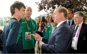 27 July 2012; An Taoiseach Enda Kenny, T.D., meets Irish athlete Ciaran O Lionaird at their training base in St. Mary's University College ahead of the London 2012 Olympic Games. Teddington, Middlesex, London, England. Picture credit: Brendan Moran / SPORTSFILE