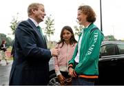27 July 2012; An Taoiseach Enda Kenny, T.D., is greeted by Team Ireland Chef de Mission Sonia O'Sullivan and her daughter Sophie before meeting Irish athletes at their training base in St. Mary's University College ahead of the London 2012 Olympic Games. Teddington, Middlesex, London, England. Picture credit: Brendan Moran / SPORTSFILE