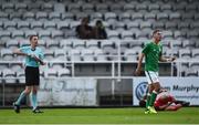 4 October 2017; Canice Carroll of Republic of Ireland turns as he is shown a red card by referee Alain Durieux during the UEFA European U19 Championship Qualifier match between Republic of Ireland and Azerbaijan at Regional Sports Centre in Waterford. Photo by Seb Daly/Sportsfile
