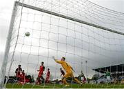 4 October 2017; Murad Popov of Azerbaijan watches as a shot from Jason Molumby of Republic of Ireland hits the crossbar during the UEFA European U19 Championship Qualifier match between Republic of Ireland and Azerbaijan at Regional Sports Centre in Waterford. Photo by Seb Daly/Sportsfile