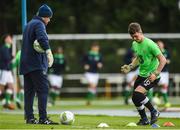 4 October 2017; Brian Maher of Republic of Ireland warms up with goalkeeping coach Dermot O'Neill prior to the UEFA European U19 Championship Qualifier match between Republic of Ireland and Azerbaijan at Regional Sports Centre in Waterford. Photo by Seb Daly/Sportsfile