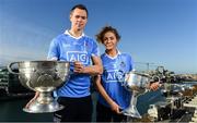 5 October 2017; AIG Insurance, proud sponsor of the Dubs celebrated the Dublin Footballers’ and Dublin Ladies Footballers’ double All-Ireland victory today by announcing great discounts on travel insurance for Dublin GAA fans. See www.aig.ie/dubs for more. Pictured at the event are Dean Rock with the Sam Maguire Cup and Sinéad Finnegan of Dublin with the Brendan Martin Cup. Photo by Sam Barnes/Sportsfile