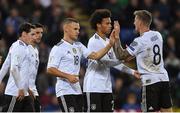 5 October 2017; Joshua Kimmich, 18, of Germany celebrates with Toni Kroos after scoring his side's third goal of the game during the FIFA World Cup Qualifier Group C match between Northern Ireland and Germany at the National Stadium at Windsor Park in Belfast. Photo by Ramsey Cardy/Sportsfile