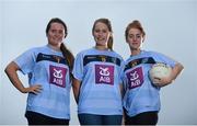 6 October 2017; Wearing this season's new jersey from left, UCD students and Ladies footballers Nicola Ward of Galway, Sarah Gormally of Galway and Sarah Molly Cullen of Wicklow are pictured at the announcement of AIB’s three year sponsorship renewal of UCD GAA. The long standing sponsorship extends across Gaelic football, hurling ladies Gaelic football, camogie and handball. Photo by David Fitzgerald/Sportsfile