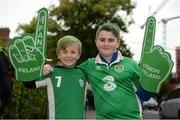 6 October 2017; Republic of Ireland supporters, James Mulligan, age 6, left, and Jack Connolly, age 11, from Dundrum, prior to the FIFA World Cup Qualifier Group D match between Republic of Ireland and Moldova at Aviva Stadium in Dublin. Photo by Cody Glenn/Sportsfile