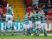 27 July 2012; Ronan Finn, Shamrock Rovers, hidden, celebrates with team-mates after scoring his side's first goal. Airtricity League Premier Division, Derry City v Shamrock Rovers, Brandywell, Derry. Picture credit: Oliver McVeigh / SPORTSFILE