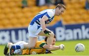 28 July 2012; Colm Kelly, Laois, is brought down inside the box by Meath goalkeeper David Gallagher. GAA Football All-Ireland Senior Championship Qualifier, Round 4, Meath v Laois, O'Connor Park, Tullamore, Co. Offaly. Photo by Sportsfile