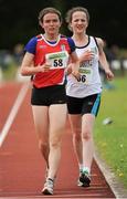 28 July 2012; Eventual winner Dervla Berirne, left, Mohill A.C., Co. Leitrim, leads Orlaith Delahunt, Sligo A.C., during the Gilr's Under-15 2,000m Walk event. Woodie’s DIY Juvenile Track and Field Championships of Ireland, Tullamore Harriers Stadium, Tullamore, Co. Offaly. Picture credit: Tomas Greally / SPORTSFILE
