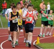 28 July 2012; James McNabola, right, Mohill A.C., Co. Leitrim, leads the field with eventual second place finisher David Kenny, 42, Farranfore Maine Valley A.C., Co. Kerry, on his way to winning the Boy's Under-14 2,000m Walk event. Woodie’s DIY Juvenile Track and Field Championships of Ireland, Tullamore Harriers Stadium, Tullamore, Co. Offaly. Picture credit: Tomas Greally / SPORTSFILE