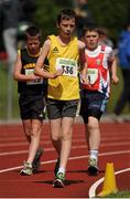 28 July 2012; Joe Mooney, Adamstown A.C., Lucan, Co. Dublin, on his way to winning the Boy's Under-15 2000m Walk event, followed by winner of the Boy's Under-14 2,000m Walk event James McNabola, right, Mohill A.C., Co. Leitrim, and second place finisher David Kenny, left, Farranfore Maine Valley A.C., Co. Kerry. Woodie’s DIY Juvenile Track and Field Championships of Ireland, Tullamore Harriers Stadium, Tullamore, Co. Offaly. Picture credit: Tomas Greally / SPORTSFILE