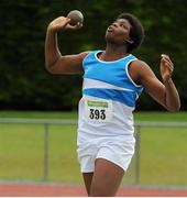 28 July 2012; Anu Swonusi, St. Laurence O'Toole A.C., on his way to a second place finish, during the Boy's Under-16 Shot Putt event. Woodie’s DIY Juvenile Track and Field Championships of Ireland, Tullamore Harriers Stadium, Tullamore, Co. Offaly. Picture credit: Tomas Greally / SPORTSFILE