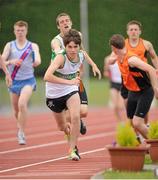 29 July 2012; Colin O'Mara, Emerald AC, Co. Limerick, takes the relay baton from team-mate Kyle Larkin on the way to winning the Boy's Under-18 4x400m Relay. Woodie’s DIY Juvenile Track and Field Championships of Ireland, Tullamore Harriers Stadium, Tullamore, Co. Offaly. Picture credit: Matt Browne / SPORTSFILE