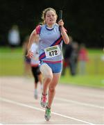 29 July 2012; Sarah Torrans, DSD AC, Co. Dublin, on her way to winning the Girl's Under-14 4x100m relay. Woodie’s DIY Juvenile Track and Field Championships of Ireland, Tullamore Harriers Stadium, Tullamore, Co. Offaly. Picture credit: Matt Browne / SPORTSFILE