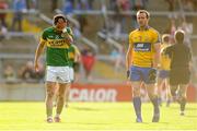 28 July 2012; Paul Galvin, Kerry, alongside Clare's John Hayes, after he was shown a yellow card by referee Maurice Deegan. GAA Football All-Ireland Senior Championship Qualifier, Round 4, Kerry v Clare, Gaelic Grounds, Limerick. Picture credit: Diarmuid Greene / SPORTSFILE