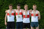 29 July 2012; The Galway City Harriers AC, Co. Galway, team who won the Boys under-19 relay 4x400m Club Final and also won silver in the 4x100m County Final, from left to right, Ben Cooney, Darragh Whyte, Evan McGuire and Anthony Hebron. Woodie’s DIY Juvenile Track and Field Championships of Ireland, Tullamore Harriers Stadium, Tullamore, Co. Offaly. Picture credit: Matt Browne / SPORTSFILE