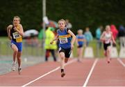 29 July 2012; Lauren Moylan from the Tipperary Girl's Under-13 4x100m relay team leads her team home to win gold. Woodie’s DIY Juvenile Track and Field Championships of Ireland, Tullamore Harriers Stadium, Tullamore, Co. Offaly. Picture credit: Matt Browne / SPORTSFILE