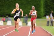 29 July 2012; Nadine Rainey, left, from Swinford AC, Co. Mayo, goes past Solange Diogo, from Galway City Harriers AC, to win gold in the Girl's under-19 4x400m relay. Woodie’s DIY Juvenile Track and Field Championships of Ireland, Tullamore Harriers Stadium, Tullamore, Co. Offaly. Picture credit: Matt Browne / SPORTSFILE