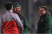 6 October 2017; Connacht assistant coach Nigel Carolan, left, and head coach Kieran Keane in conversation with Ulster Director of Rugby Les Kiss prior to the Guinness PRO14 Round 6 match between Ulster and Connacht at the Kingspan Stadium in Belfast. Photo by Ramsey Cardy/Sportsfile