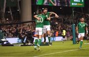 6 October 2017; Daryl Murphy, right, of Republic of Ireland celebrates with team-mate Shane Duffy after scoring his side's first goal during the FIFA World Cup Qualifier Group D match between Republic of Ireland and Moldova at Aviva Stadium, in Dublin. Photo by Stephen McCarthy/Sportsfile