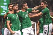 6 October 2017; Daryl Murphy, 8, of Republic of Ireland celebrates with team-mates, from left to right, Shane Long, Shane Duffy and Stephen Ward after scoring his side's first goal during the FIFA World Cup Qualifier Group D match between Republic of Ireland and Moldova at Aviva Stadium, in Dublin. Photo by Stephen McCarthy/Sportsfile