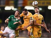 6 October 2017; Shane Duffy of Republic of Ireland in action against Alexandru Gatcan, centre, and Alexandru Epureanu of Moldova during the FIFA World Cup Qualifier Group D match between Republic of Ireland and Moldova at Aviva Stadium in Dublin. Photo by Seb Daly/Sportsfile